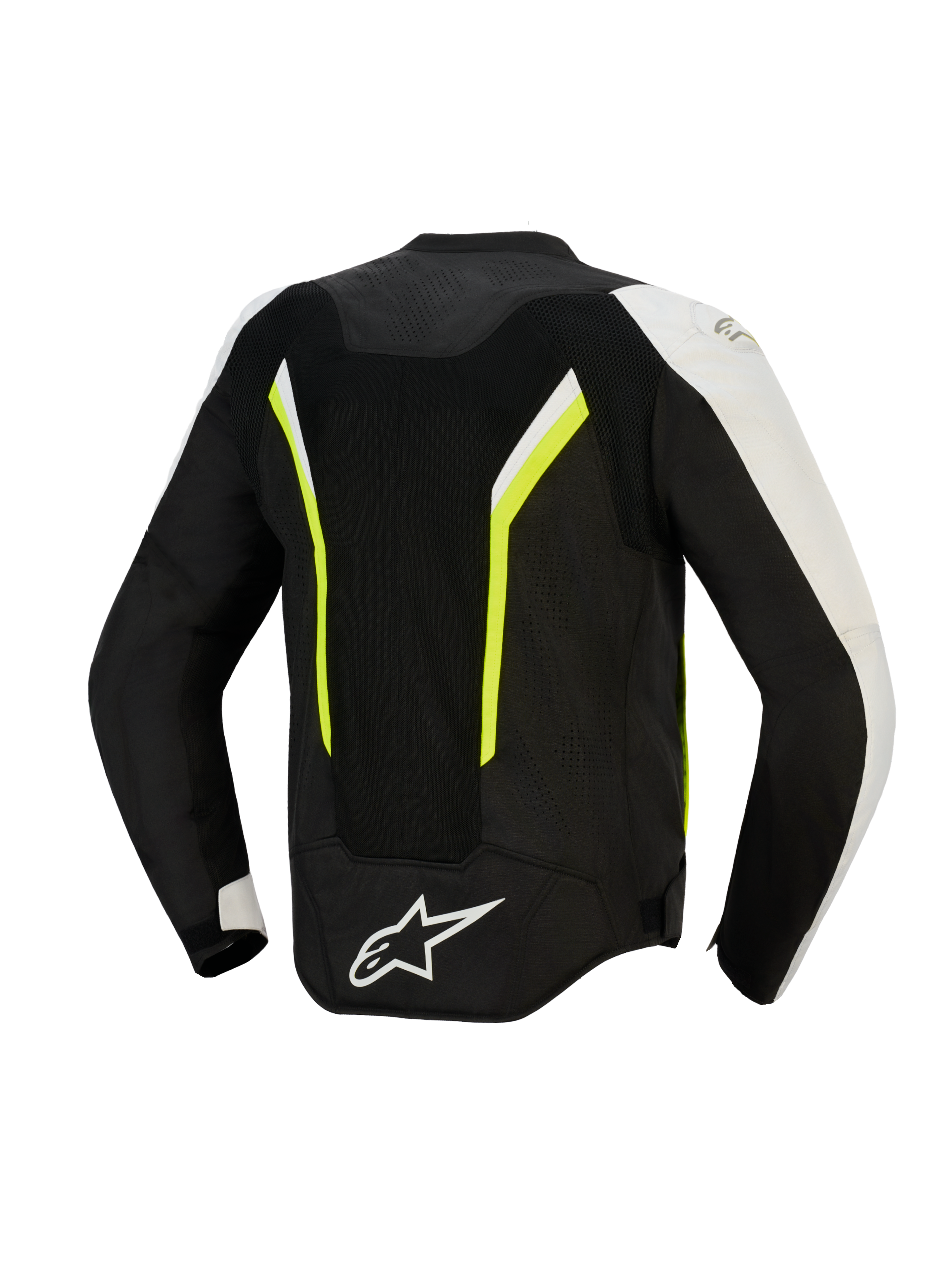 Giacca Alpinestars AST V3 Air, vista posteriore, nero argento e giallo fluo, giacca da moto in tessuto con ampi pannelli in mesh per il flusso d'aria, accenti fluorescenti e logo bianco sulla parte inferiore della schiena