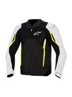 Giacca Alpinestars AST V3 Air, giacca da moto in tessuto traforato, nero, argento e giallo fluo, vista frontale con pannelli di ventilazione in rete, maniche bianche con dettagli giallo neon e logo Alpinestars sul petto, design sportivo per climi caldi