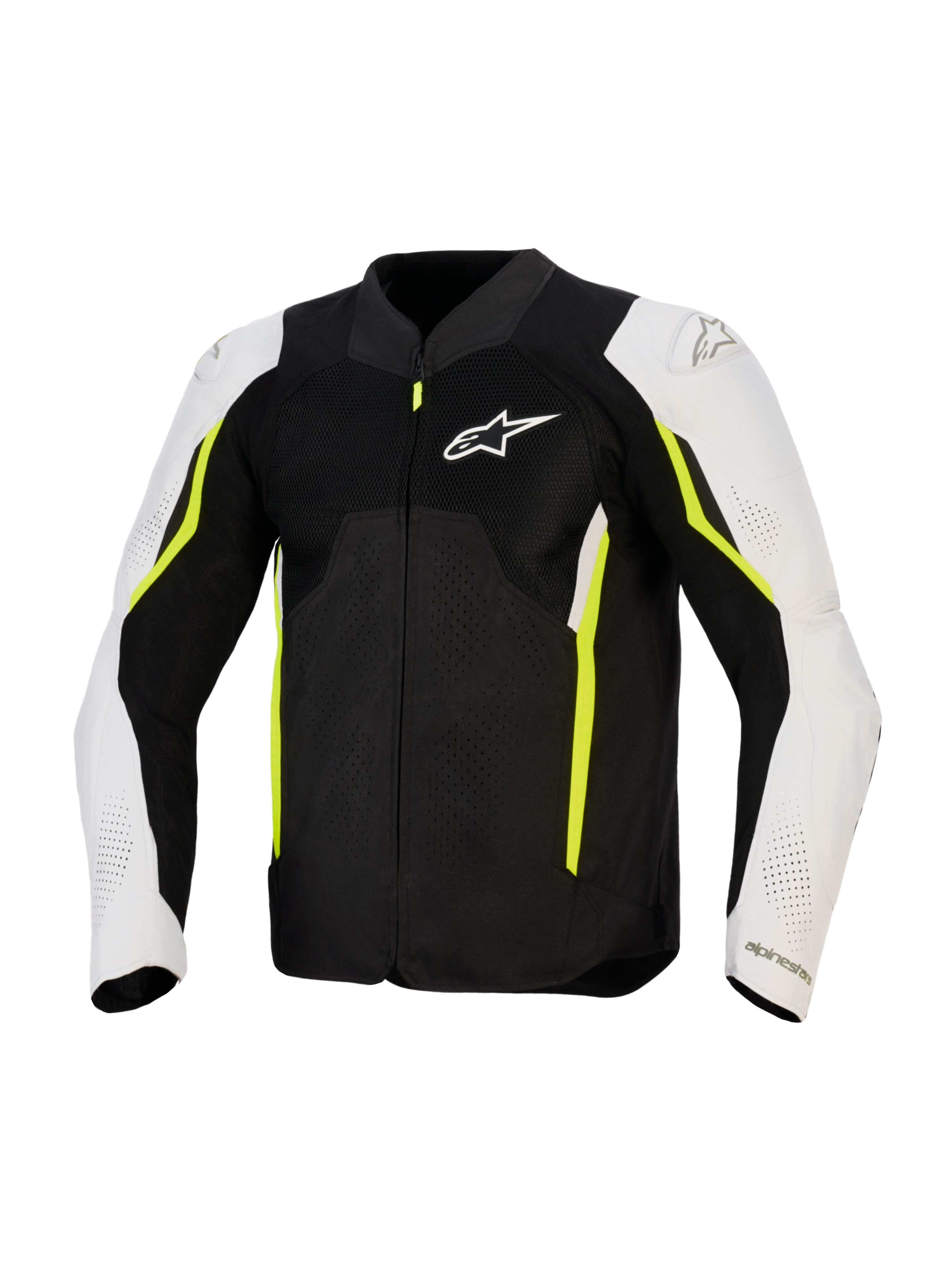 Giacca Alpinestars AST V3 Air, giacca da moto in tessuto traforato, nero, argento e giallo fluo, vista frontale con pannelli di ventilazione in rete, maniche bianche con dettagli giallo neon e logo Alpinestars sul petto, design sportivo per climi caldi