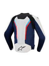 Alpinestars AST V3 Air Jacket, vista posteriore, Silver Deep Blue e Bright Red, giacca tecnica da moto con ampi pannelli di ventilazione in rete, design sportivo multi-pannello con accenti rossi e azzurri, logo A-star nero sulla parte inferiore della schiena argentata.