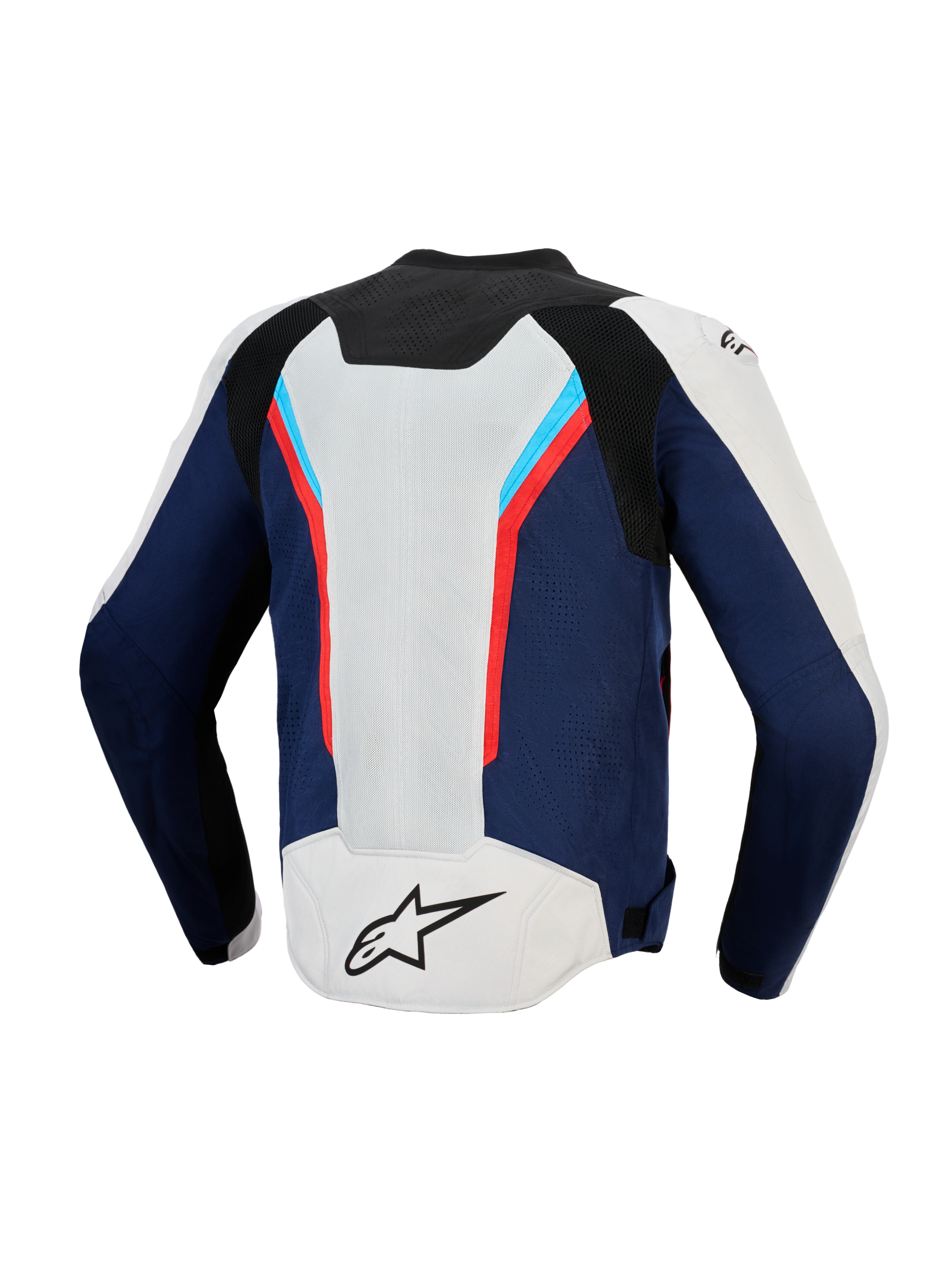 Alpinestars AST V3 Air Jacket, vista posteriore, Silver Deep Blue e Bright Red, giacca tecnica da moto con ampi pannelli di ventilazione in rete, design sportivo multi-pannello con accenti rossi e azzurri, logo A-star nero sulla parte inferiore della schiena argentata.