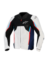 Giacca Alpinestars AST V3 Air, giacca da moto racing, argento, blu scuro e rosso acceso, vista frontale con parte superiore in rete tecnica nera, pannelli in tessuto traforati al laser e slider esterni DFS sulle spalle, design sportivo per climi caldi.
