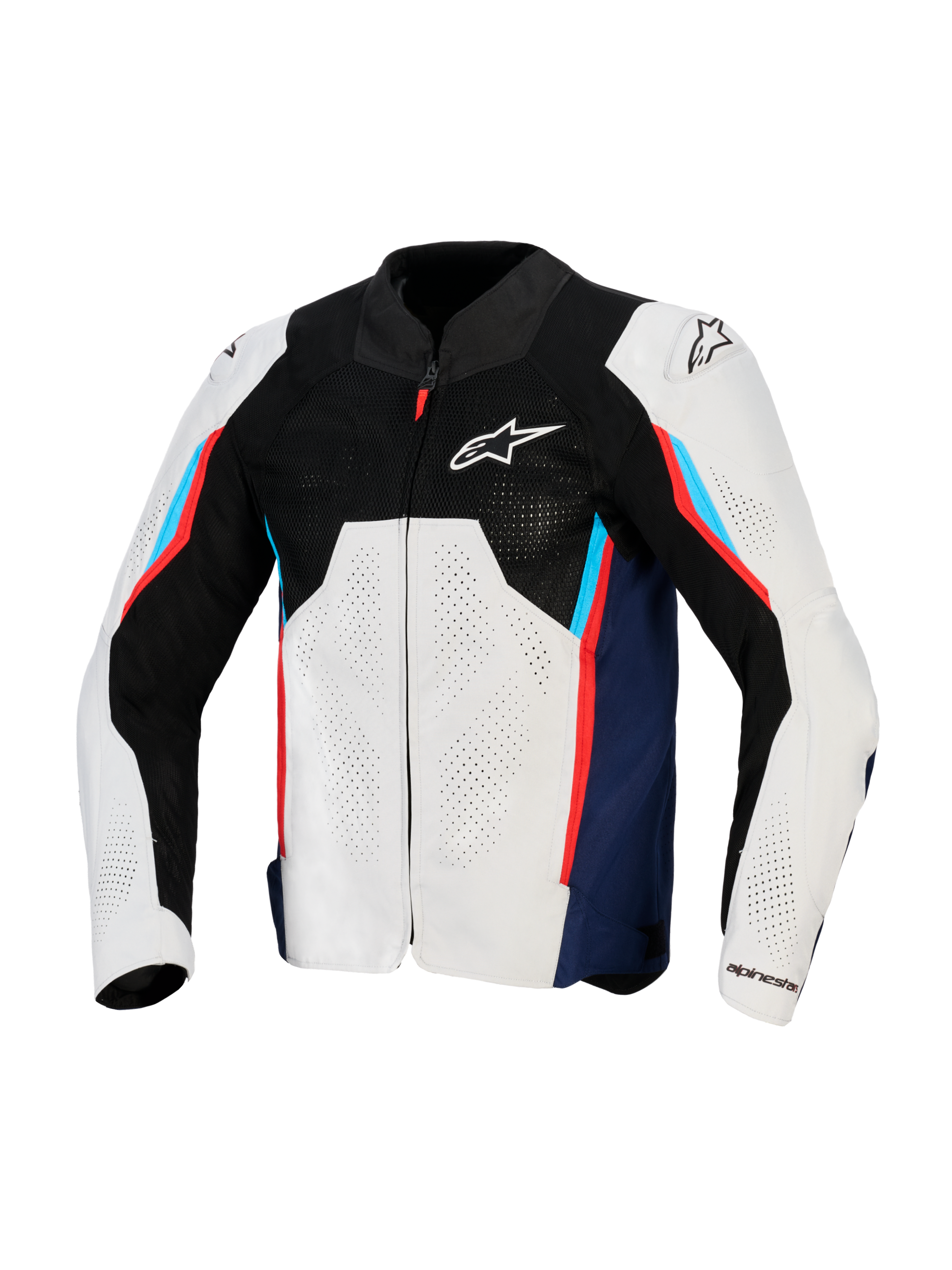 Giacca Alpinestars AST V3 Air, giacca da moto racing, argento, blu scuro e rosso acceso, vista frontale con parte superiore in rete tecnica nera, pannelli in tessuto traforati al laser e slider esterni DFS sulle spalle, design sportivo per climi caldi.