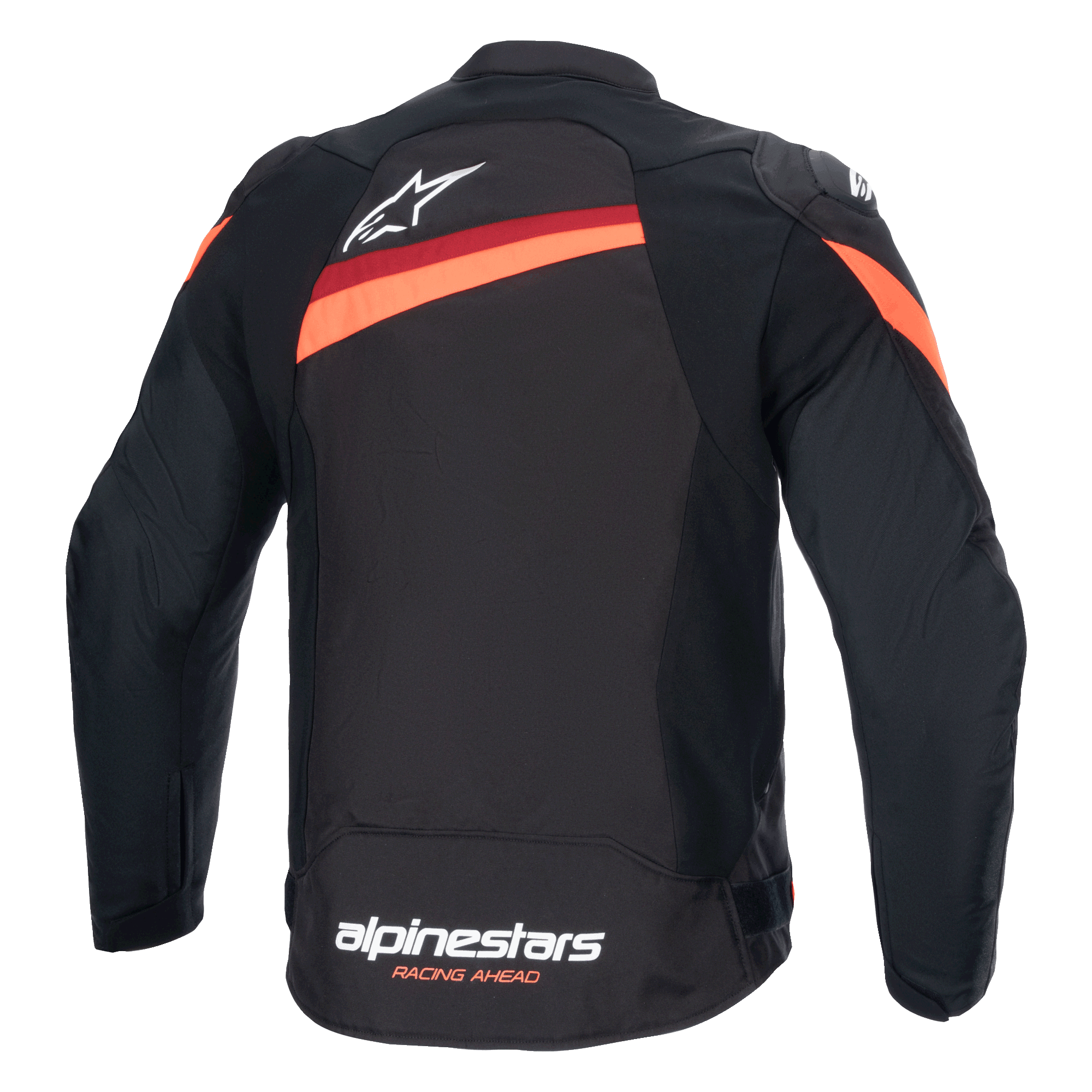Giacca Alpinestars T-GP Plus R V4, vista posteriore, nero e rosso fluo, giacca da moto sportiva in tessuto, logo Alpinestars bianco sulla parte superiore della schiena e marchio sull'orlo inferiore, strisce diagonali rosse su spalle e schiena, maniche pre-curvate.