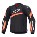 Giacca Alpinestars T-GP Plus R V4, giacca da moto nera con strisce rosse e arancione fluo, grande logo bianco sul petto, design sportivo in tessuto con interno del colletto rosso e maniche logate, equipaggiamento da guida sportiva ad alte prestazioni