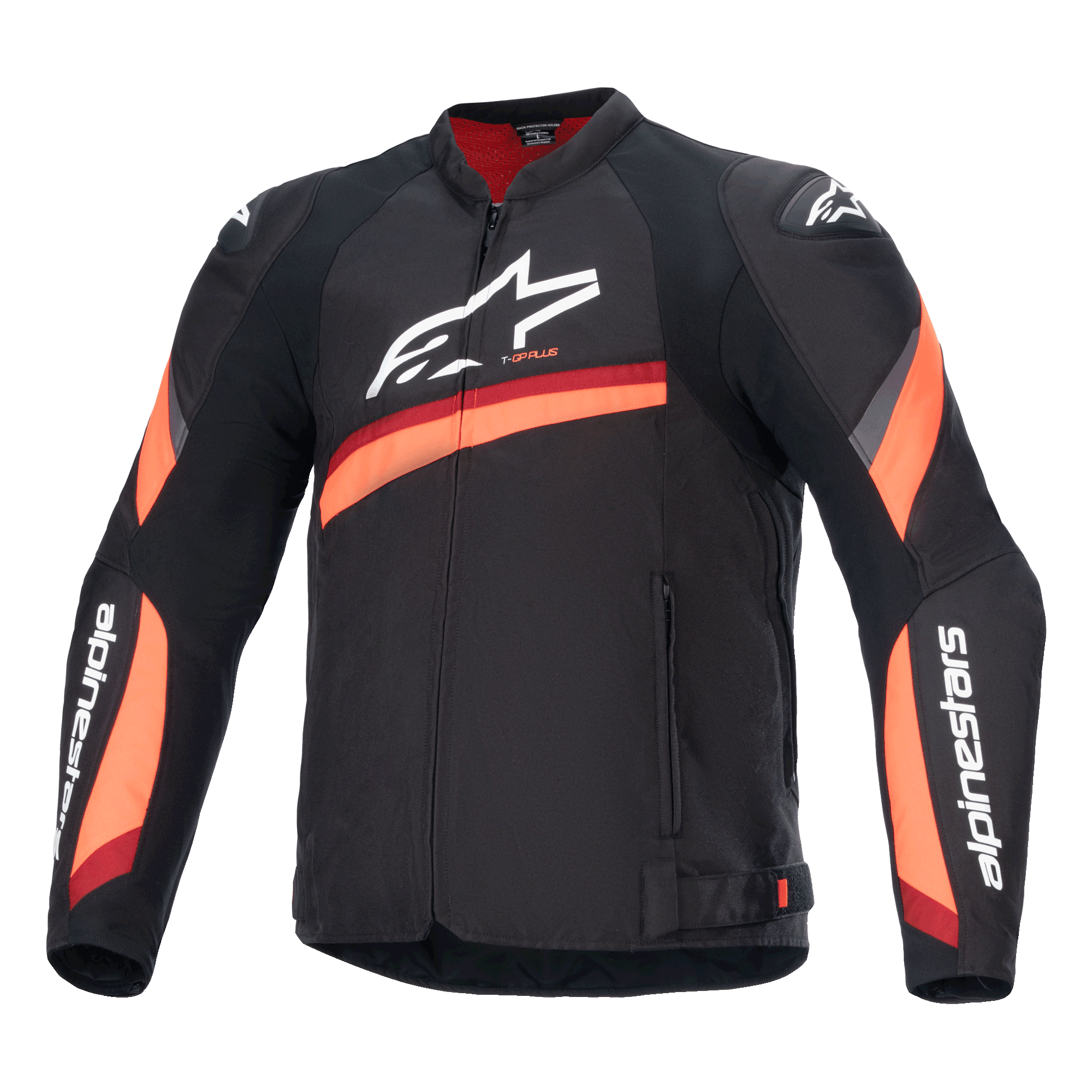 Giacca Alpinestars T-GP Plus R V4, giacca da moto nera con strisce rosse e arancione fluo, grande logo bianco sul petto, design sportivo in tessuto con interno del colletto rosso e maniche logate, equipaggiamento da guida sportiva ad alte prestazioni