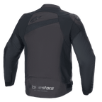 Giacca Alpinestars T-GP Plus R V4, giacca da moto in tessuto, nero su nero, vista posteriore con marchio Alpinestars e slogan 'Racing Ahead', vestibilità sportiva con protezioni per le spalle DFS Lite e costruzione in poli-tessuto resistente.
