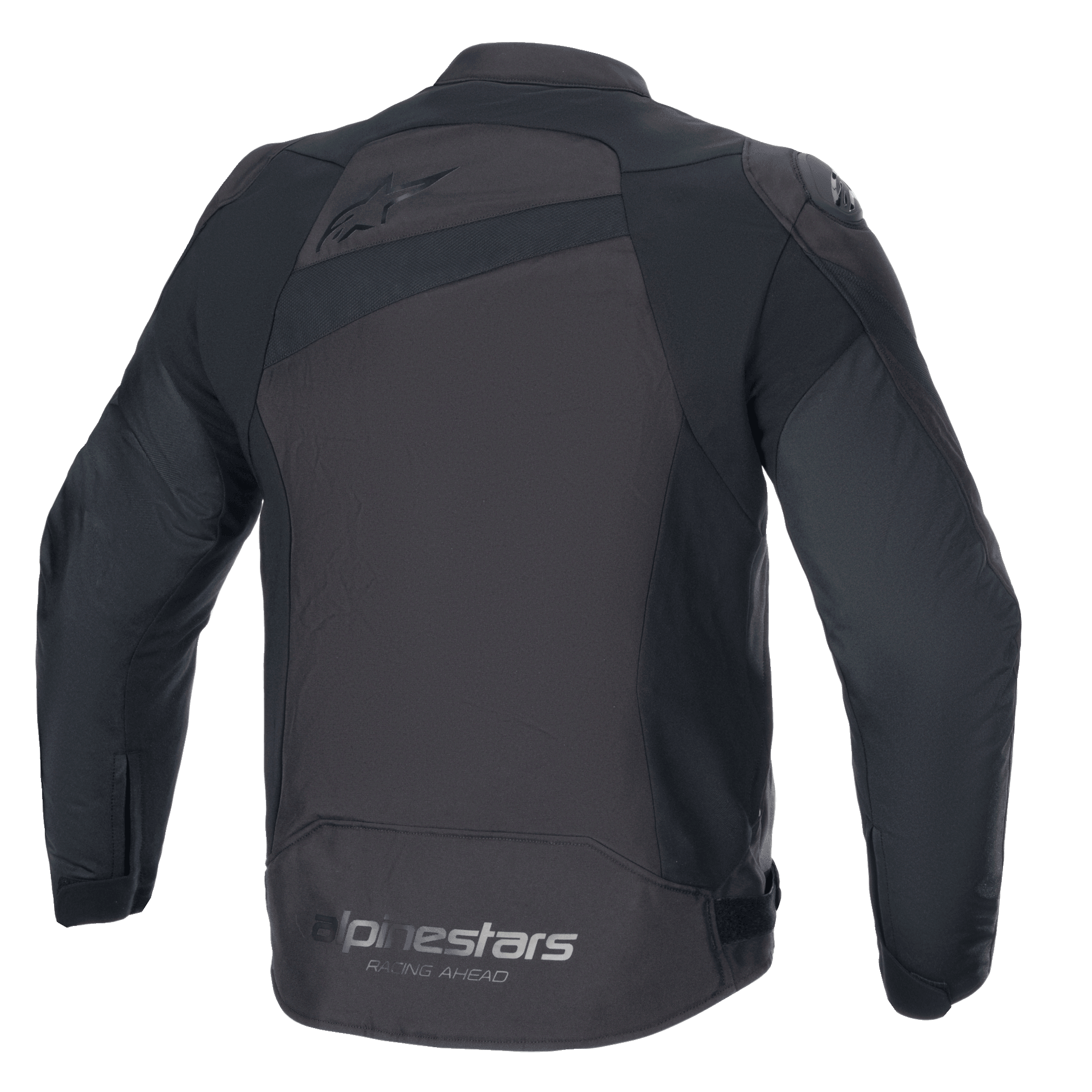 Giacca Alpinestars T-GP Plus R V4, giacca da moto in tessuto, nero su nero, vista posteriore con marchio Alpinestars e slogan 'Racing Ahead', vestibilità sportiva con protezioni per le spalle DFS Lite e costruzione in poli-tessuto resistente.