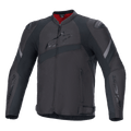 Alpinestars T-GP Plus R V4 Jacket, giacca da moto in tessuto nero, logo Alpinestars goffrato sul petto, strisce riflettenti grigie, fodera interna rossa sul colletto, vestibilità Sport con spalle e gomiti imbottiti, design stile racing