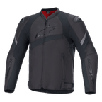 Alpinestars T-GP Plus R V4 Jacket, giacca da moto in tessuto nero, logo Alpinestars goffrato sul petto, strisce riflettenti grigie, fodera interna rossa sul colletto, vestibilità Sport con spalle e gomiti imbottiti, design stile racing