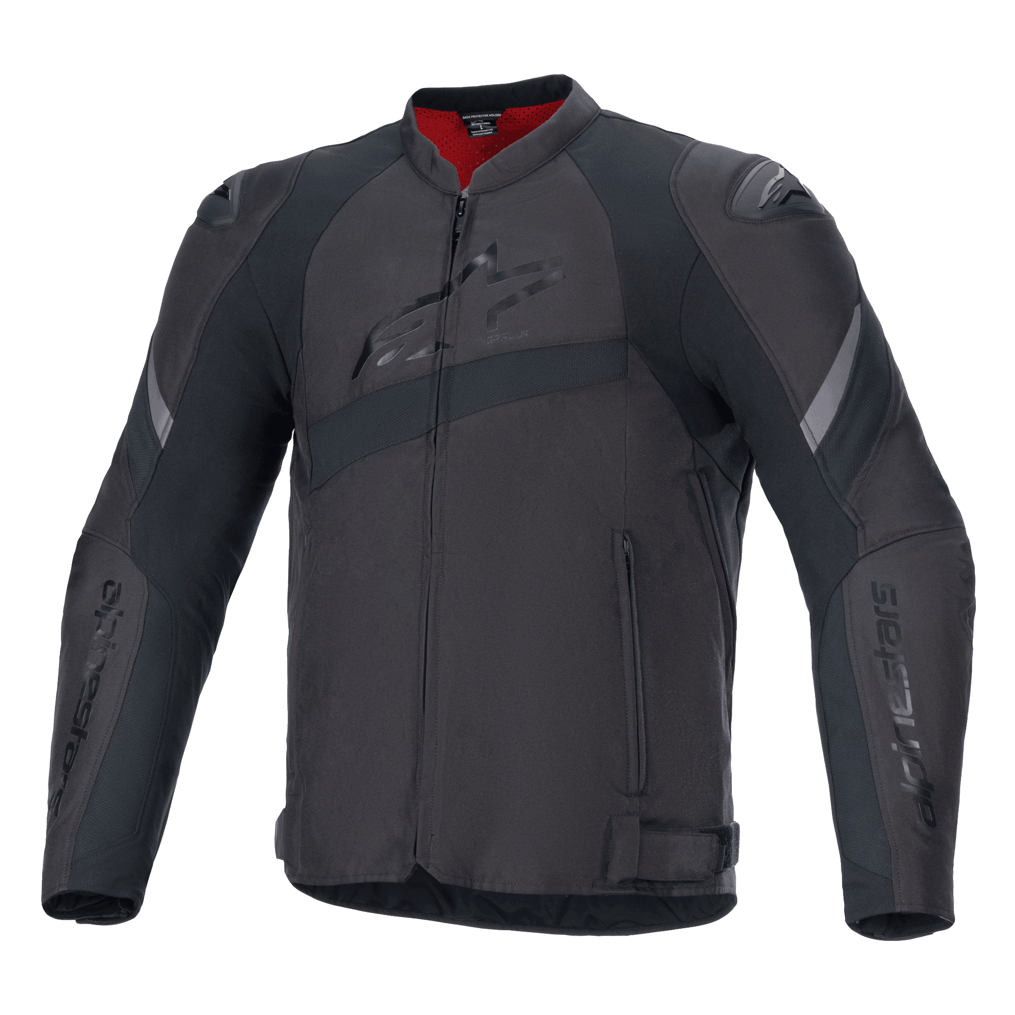 Alpinestars T-GP Plus R V4 Jacket, giacca da moto in tessuto nero, logo Alpinestars goffrato sul petto, strisce riflettenti grigie, fodera interna rossa sul colletto, vestibilità Sport con spalle e gomiti imbottiti, design stile racing
