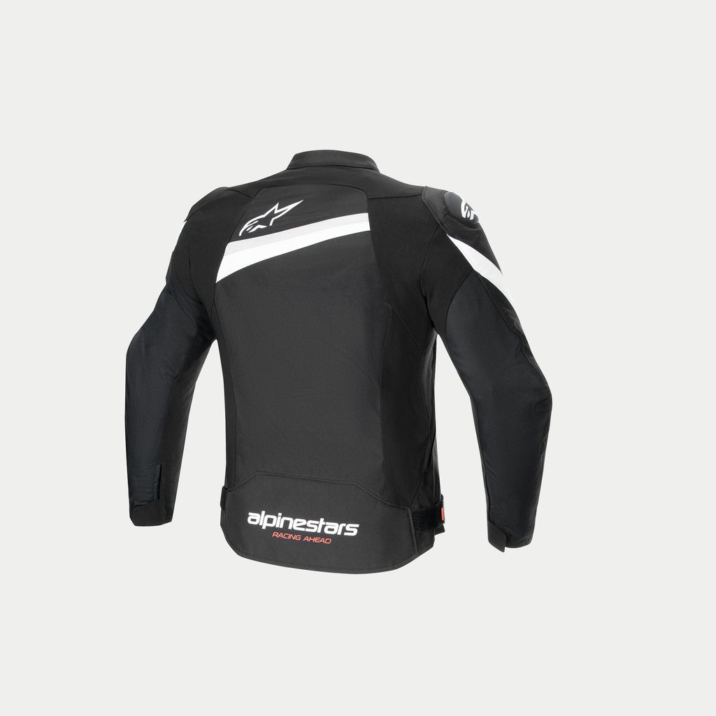 Alpinestars Giacca T-GP Plus R V4, giacca da moto in tessuto nera e bianca, vista posteriore con maniche pre-curvate, loghi del marchio bianchi e dettagli certificati CE