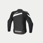 Alpinestars Giacca T-GP Plus R V4, giacca da moto in tessuto nera e bianca, vista posteriore con maniche pre-curvate, loghi del marchio bianchi e dettagli certificati CE