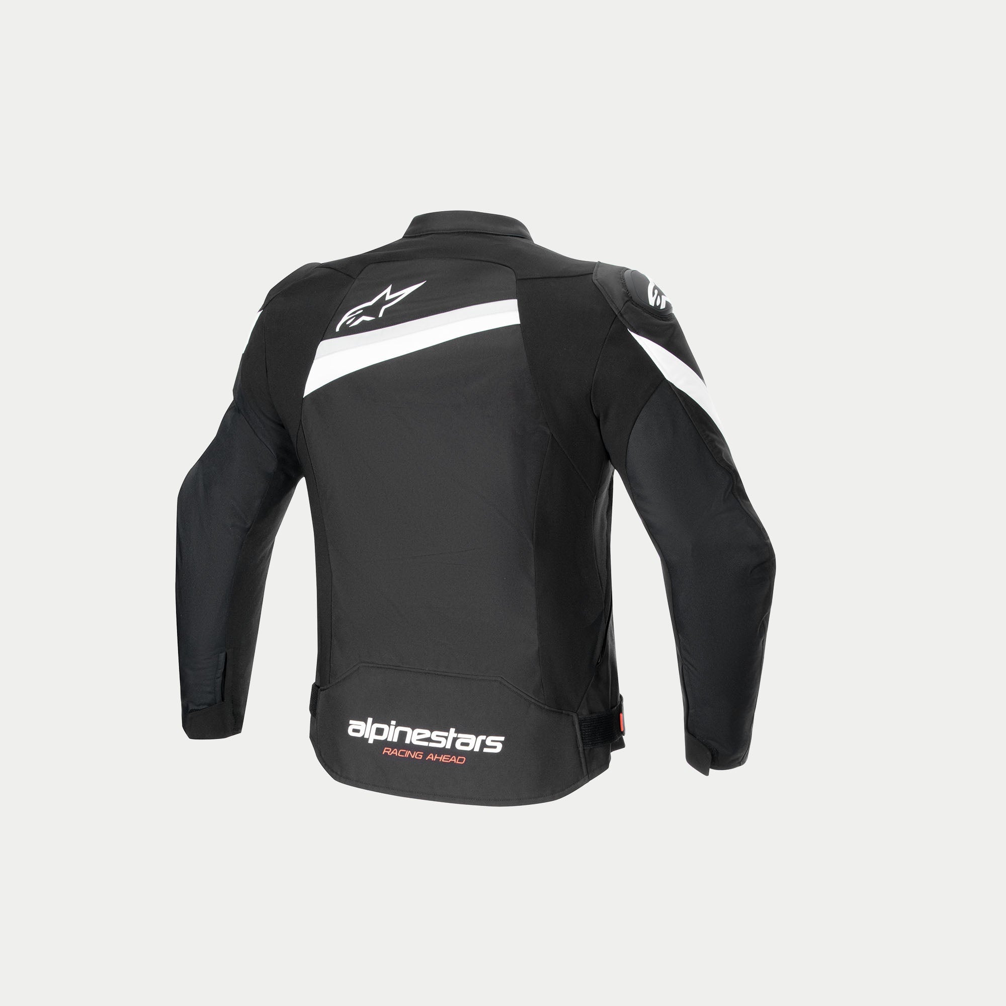 Alpinestars Giacca T-GP Plus R V4, giacca da moto in tessuto nera e bianca, vista posteriore con maniche pre-curvate, loghi del marchio bianchi e dettagli certificati CE