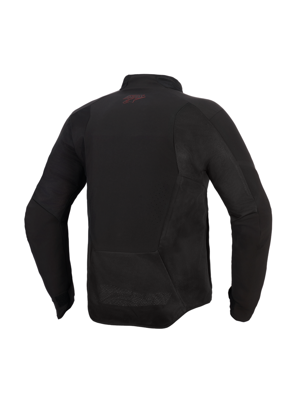 Giacca Alpinestars Aeroshell Airflow, giacca da moto, Nero Antracite, vista posteriore con pannelli in mesh e zone di ventilazione perforate al laser, parte posteriore allungata per la copertura durante la guida, piccolo logo rosso sulla nuca, design softshell leggero con taglio sportivo