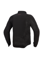 Giacca Alpinestars Aeroshell Airflow, giacca da moto, Nero Antracite, vista posteriore con pannelli in mesh e zone di ventilazione perforate al laser, parte posteriore allungata per la copertura durante la guida, piccolo logo rosso sulla nuca, design softshell leggero con taglio sportivo