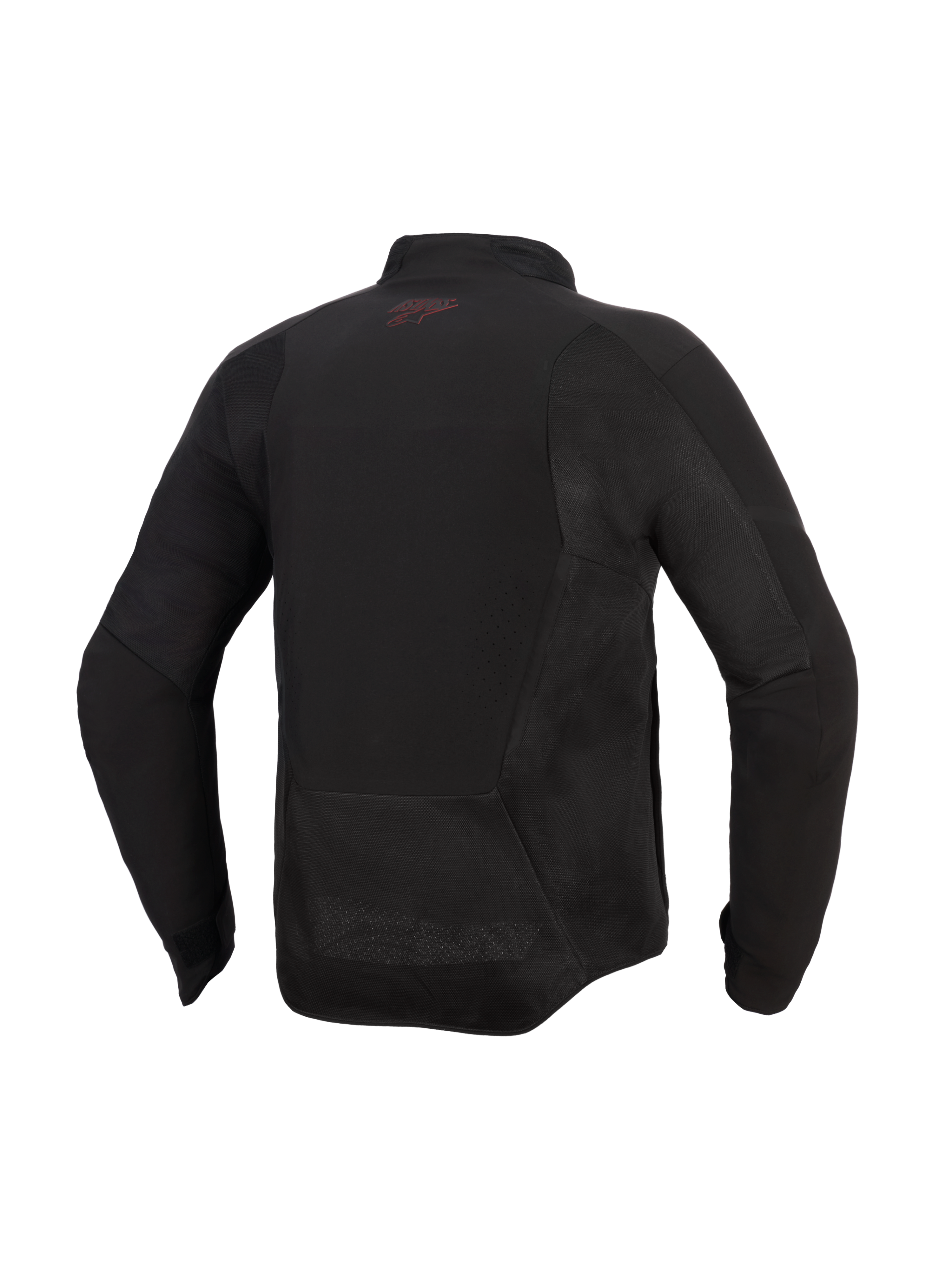 Giacca Alpinestars Aeroshell Airflow, giacca da moto, Nero Antracite, vista posteriore con pannelli in mesh e zone di ventilazione perforate al laser, parte posteriore allungata per la copertura durante la guida, piccolo logo rosso sulla nuca, design softshell leggero con taglio sportivo