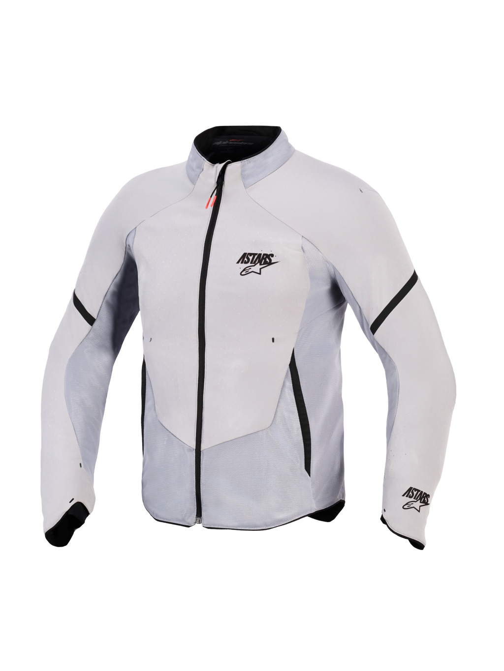 Giacca Aeroshell Airflow Alpinestars, giacca da moto, grigio medio antracite, caratterizzata da softshell elastico leggero con ampi pannelli in mesh traforati al laser, cerniera anteriore nera con linguetta rossa, logo ASTARS su petto e manica, design sportivo per la massima traspirabilità.