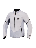 Giacca Aeroshell Airflow Alpinestars, giacca da moto, grigio medio antracite, caratterizzata da softshell elastico leggero con ampi pannelli in mesh traforati al laser, cerniera anteriore nera con linguetta rossa, logo ASTARS su petto e manica, design sportivo per la massima traspirabilità.