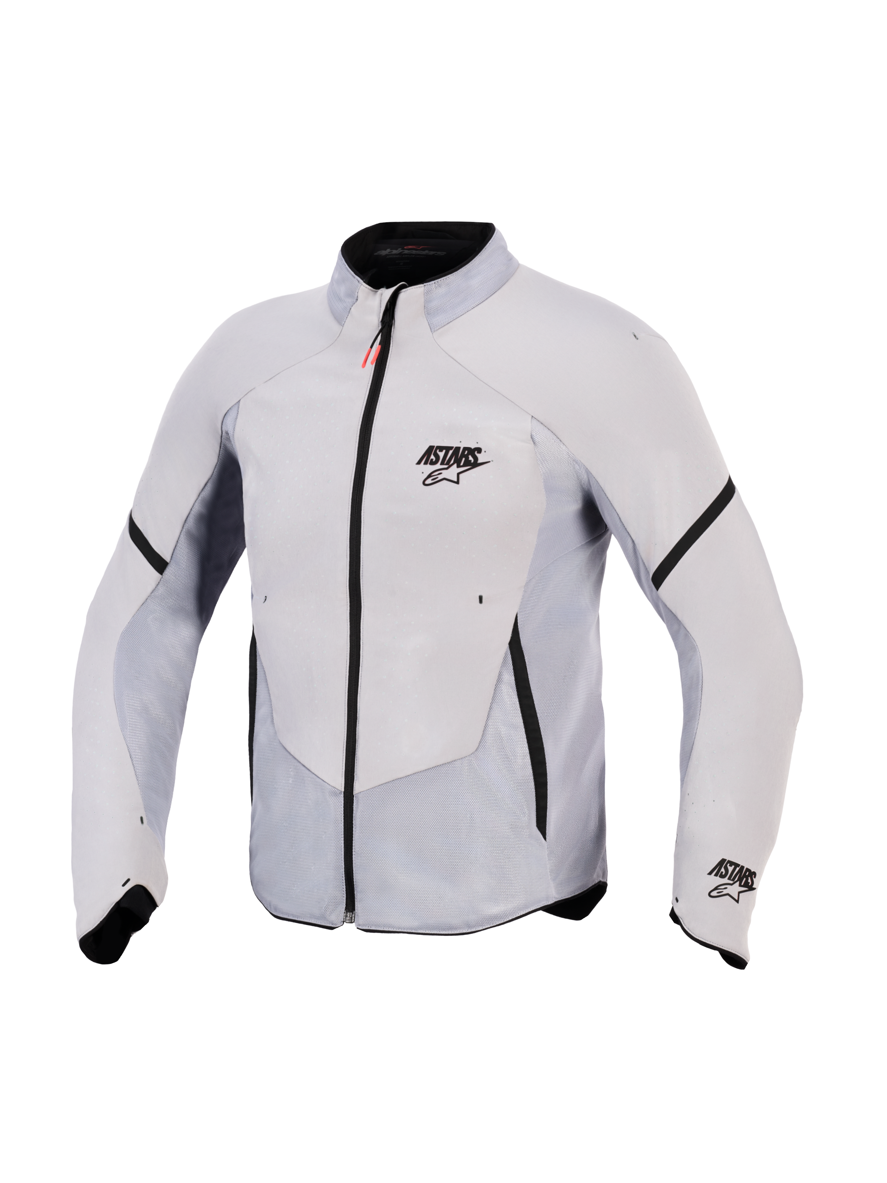 Giacca Aeroshell Airflow Alpinestars, giacca da moto, grigio medio antracite, caratterizzata da softshell elastico leggero con ampi pannelli in mesh traforati al laser, cerniera anteriore nera con linguetta rossa, logo ASTARS su petto e manica, design sportivo per la massima traspirabilità.