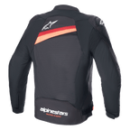 Alpinestars T-GP Plus R V4 Airflow Jacket, giacca da moto in tessuto nero con rosso fluo, vista posteriore con ampi pannelli di ventilazione in rete, logo Astar bianco sulla parte superiore della schiena e marchio 'alpinestars RACING AHEAD' sulla parte inferiore della schiena.
