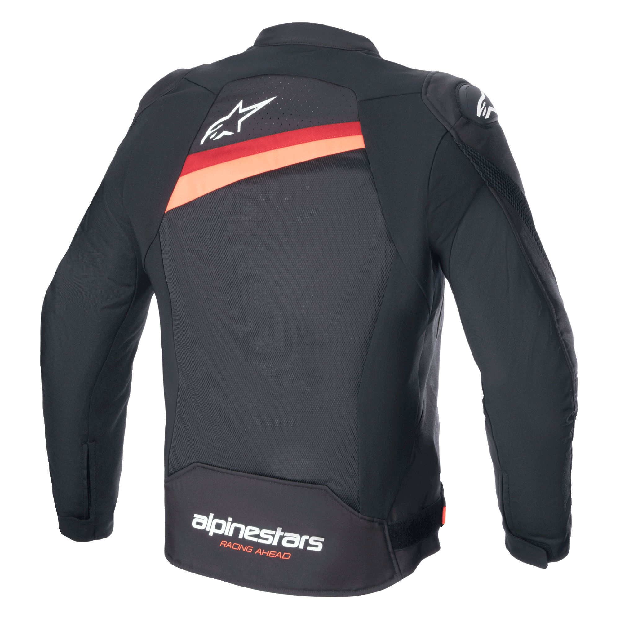 Alpinestars T-GP Plus R V4 Airflow Jacket, giacca da moto in tessuto nero con rosso fluo, vista posteriore con ampi pannelli di ventilazione in rete, logo Astar bianco sulla parte superiore della schiena e marchio 'alpinestars RACING AHEAD' sulla parte inferiore della schiena.