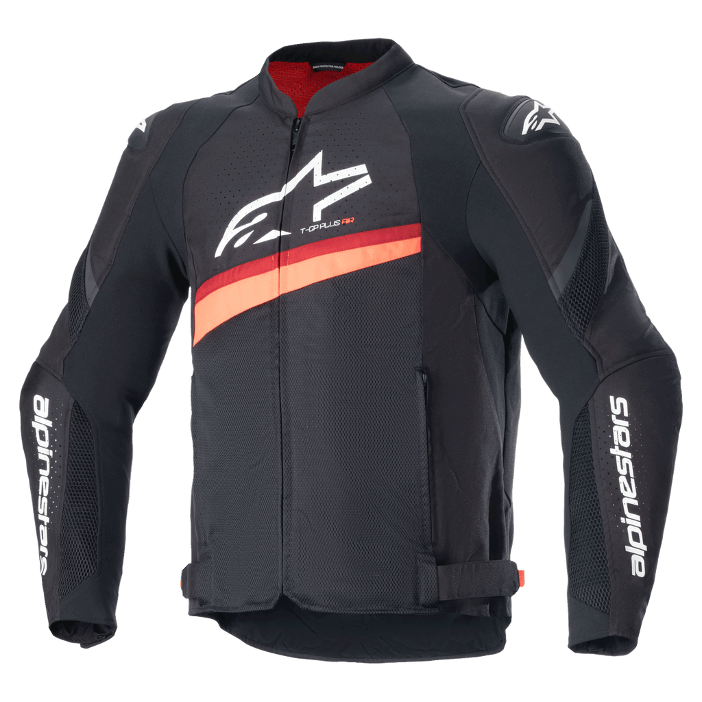 Giacca Alpinestars T-GP Plus R V4 Airflow, giacca da moto sportiva in tessuto nero e rosso fluo, con ampi pannelli di ventilazione in rete, loghi bianchi su petto e maniche, cinghie regolabili in vita e design sportivo