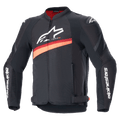 Giacca Alpinestars T-GP Plus R V4 Airflow, giacca da moto sportiva in tessuto nero e rosso fluo, con ampi pannelli di ventilazione in rete, loghi bianchi su petto e maniche, cinghie regolabili in vita e design sportivo