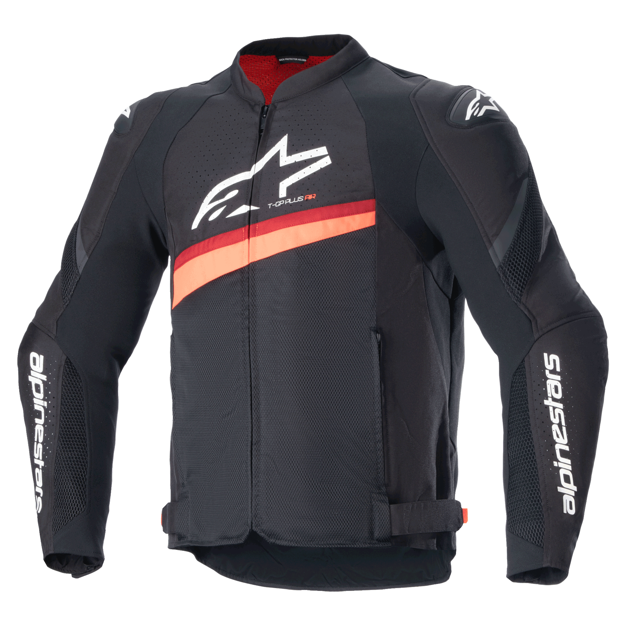 Giacca Alpinestars T-GP Plus R V4 Airflow, giacca da moto sportiva in tessuto nero e rosso fluo, con ampi pannelli di ventilazione in rete, loghi bianchi su petto e maniche, cinghie regolabili in vita e design sportivo