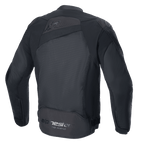 Alpinestars T-GP Plus R V4 Airflow Jacket, nero/nero, vista posteriore, con ampio pannello in rete per il massimo flusso d'aria, parte superiore della schiena traforata, discreto logo goffrato e marchio Alpinestars Racing Ahead sulla parte bassa della schiena, giacca da moto in tessuto con vestibilità sportiva