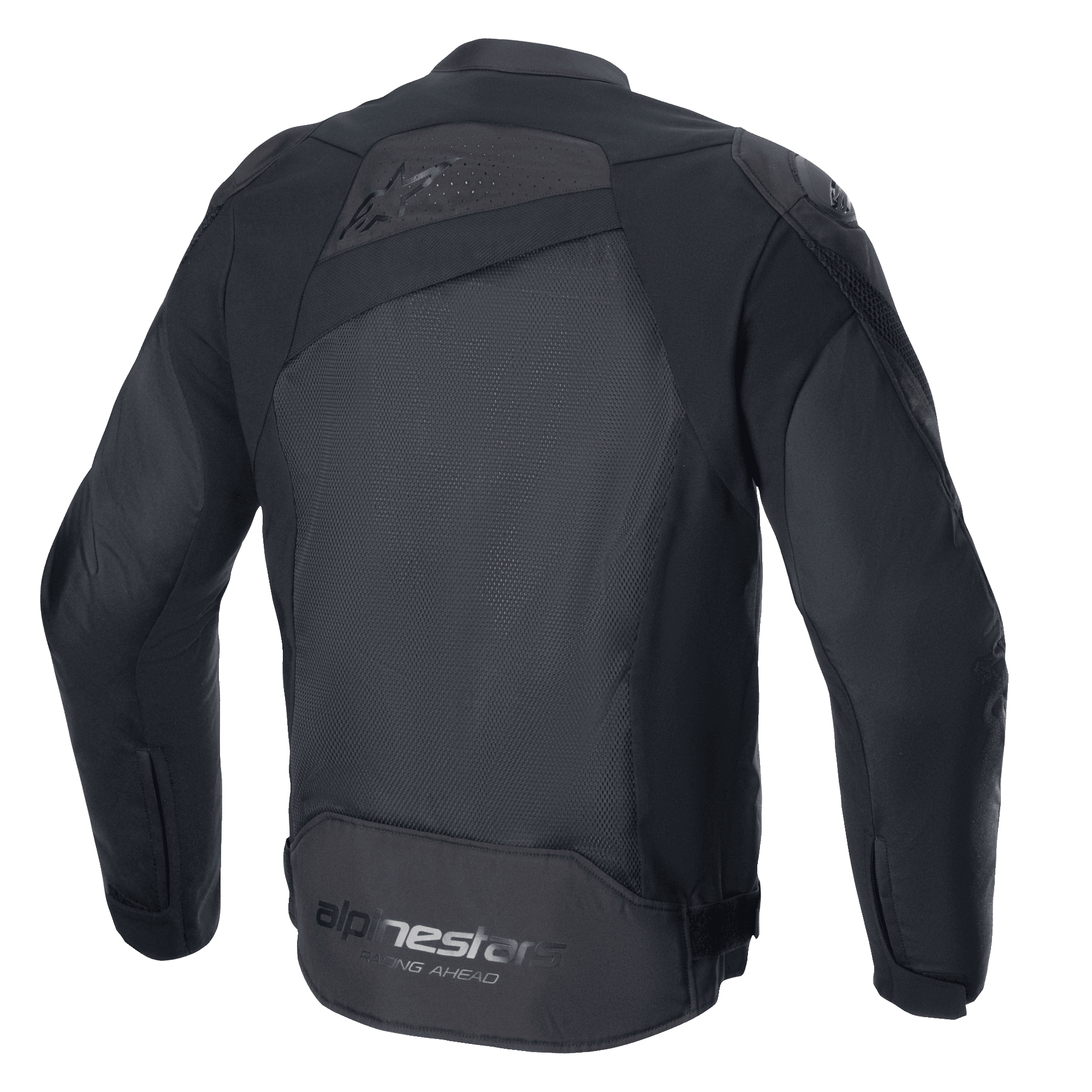 Alpinestars T-GP Plus R V4 Airflow Jacket, nero/nero, vista posteriore, con ampio pannello in rete per il massimo flusso d'aria, parte superiore della schiena traforata, discreto logo goffrato e marchio Alpinestars Racing Ahead sulla parte bassa della schiena, giacca da moto in tessuto con vestibilità sportiva