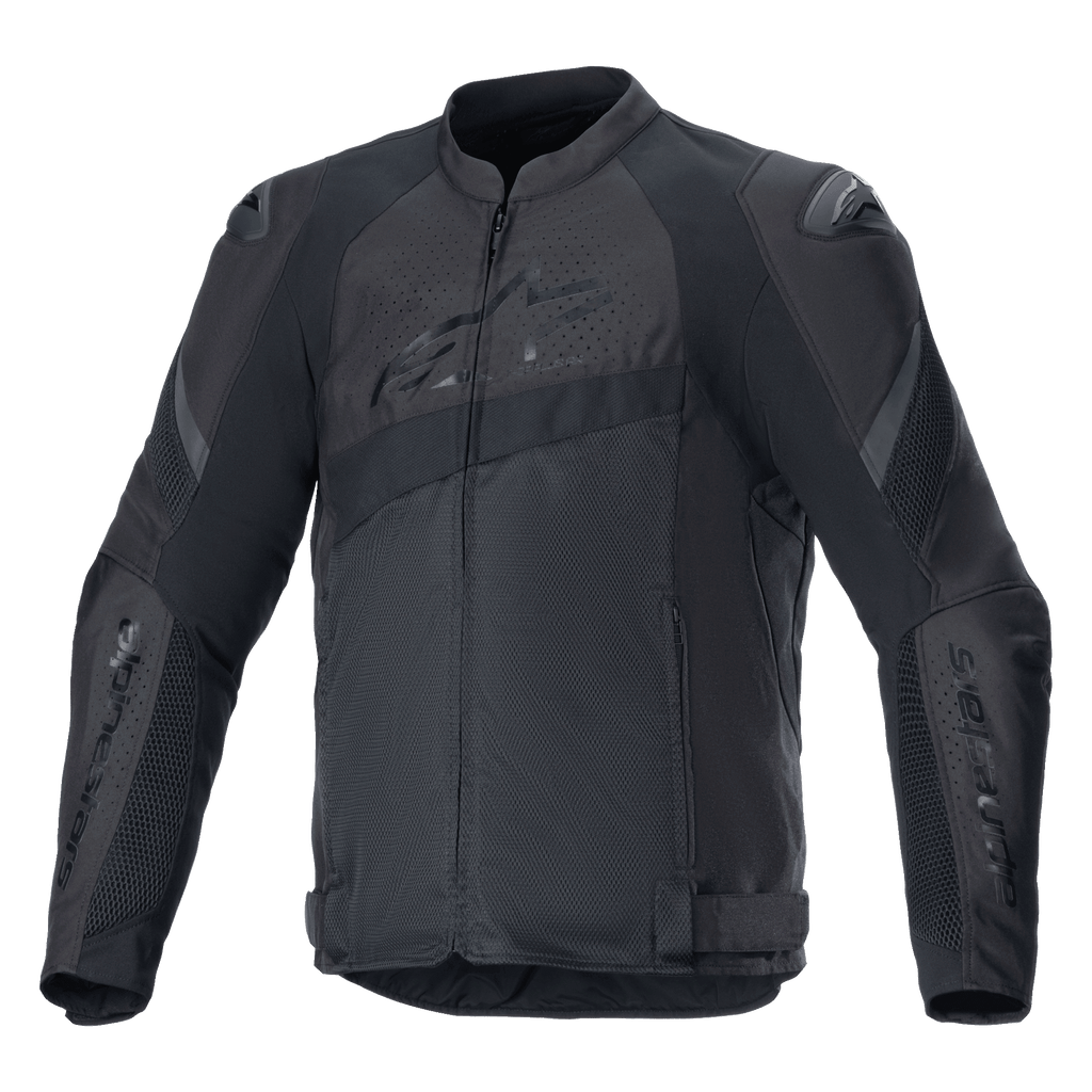 Alpinestars T-GP Plus R V4 Airflow Jacket, giacca da moto racing in tessuto nero, ampi pannelli di ventilazione in mesh, zone traforate su petto e schiena, protezioni per le spalle DFS Lite, cinghie regolabili in vita, abbigliamento tecnico sportivo