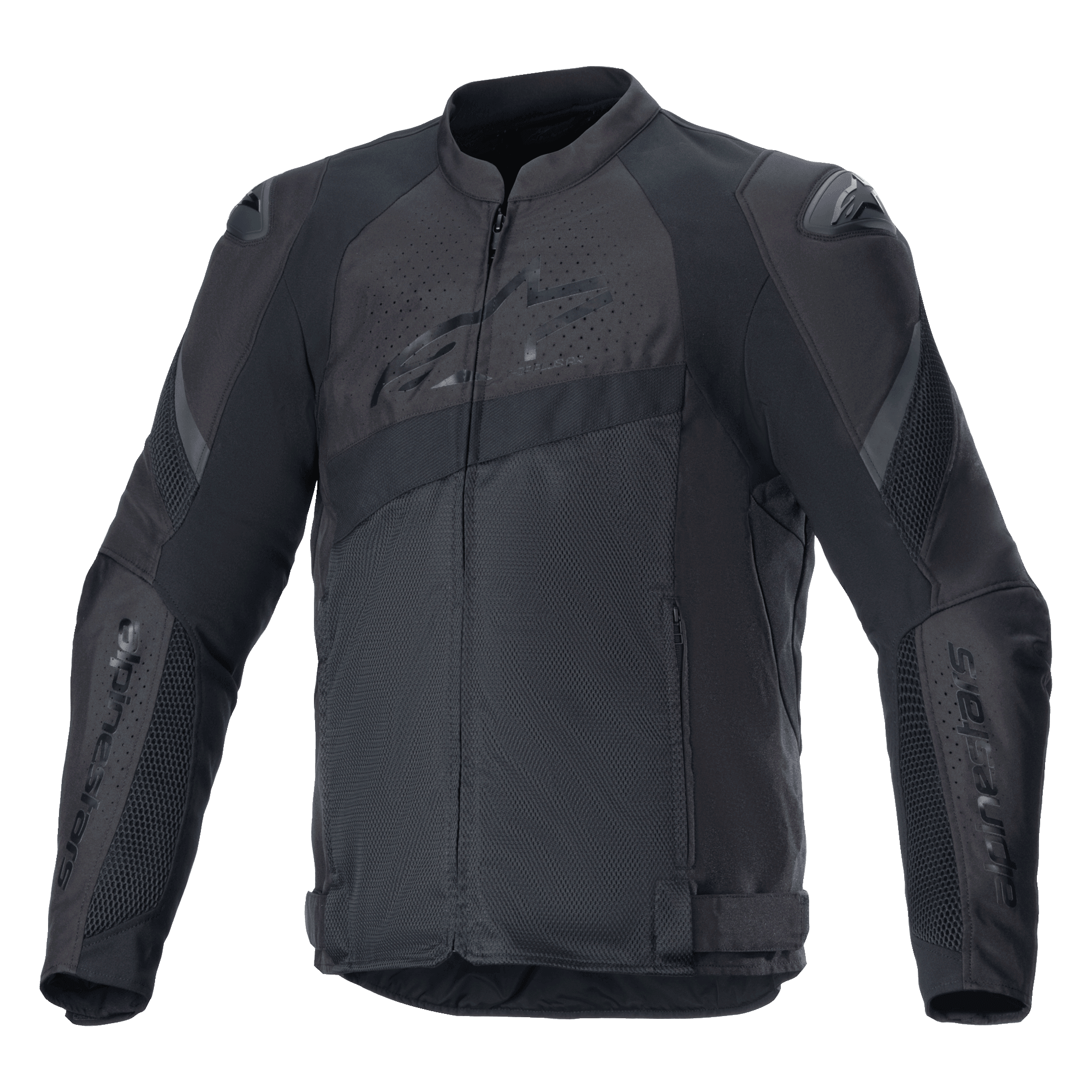 Alpinestars T-GP Plus R V4 Airflow Jacket, giacca da moto racing in tessuto nero, ampi pannelli di ventilazione in mesh, zone traforate su petto e schiena, protezioni per le spalle DFS Lite, cinghie regolabili in vita, abbigliamento tecnico sportivo