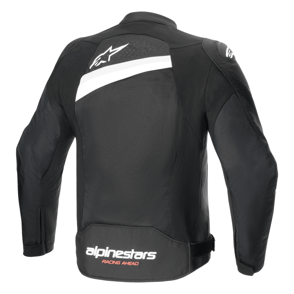 Giacca Alpinestars T-GP Plus R V4 Airflow, giacca da moto in tessuto, nero e bianco, vista posteriore con ampio pannello in rete, logo a stella bianco sulla parte superiore e marchio Alpinestars Racing Ahead sulla parte inferiore della schiena, design sportivo per la ventilazione