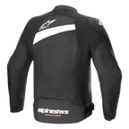 Giacca Alpinestars T-GP Plus R V4 Airflow, giacca da moto in tessuto, nero e bianco, vista posteriore con ampio pannello in rete, logo a stella bianco sulla parte superiore e marchio Alpinestars Racing Ahead sulla parte inferiore della schiena, design sportivo per la ventilazione