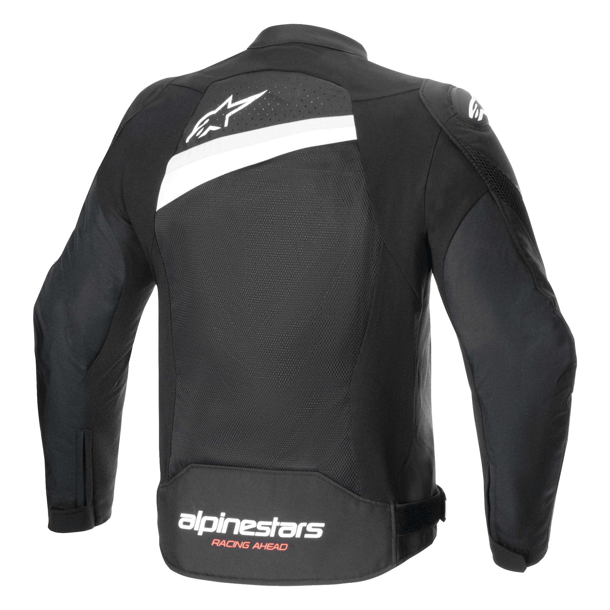 Giacca Alpinestars T-GP Plus R V4 Airflow, giacca da moto in tessuto, nero e bianco, vista posteriore con ampio pannello in rete, logo a stella bianco sulla parte superiore e marchio Alpinestars Racing Ahead sulla parte inferiore della schiena, design sportivo per la ventilazione