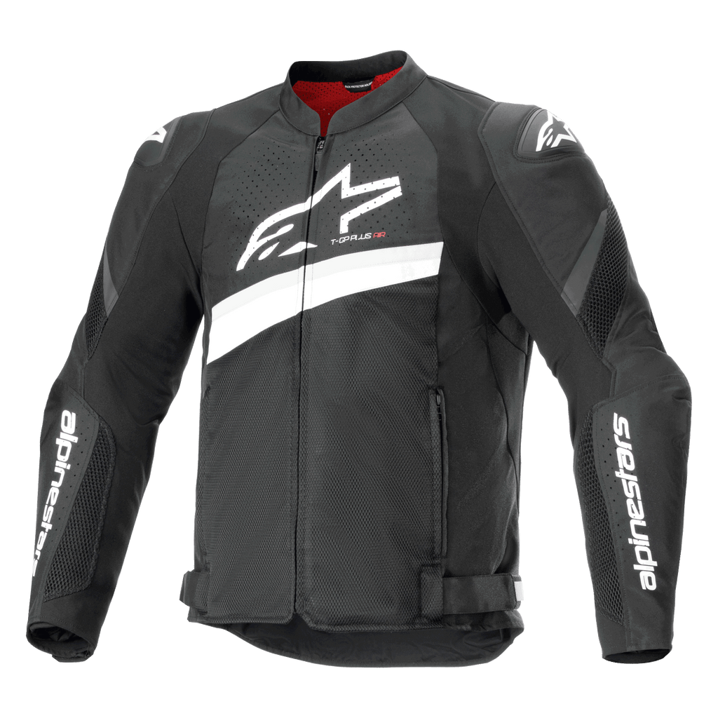 Giacca Alpinestars T-GP Plus R V4 Airflow, giacca da moto sportiva in tessuto, nera e bianca, con un grande logo Astar bianco sul petto, pannelli in mesh traforato per la ventilazione, fodera interna rossa e protezioni per le spalle DFS Lite
