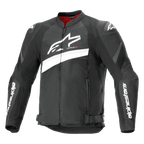 Giacca Alpinestars T-GP Plus R V4 Airflow, giacca da moto sportiva in tessuto, nera e bianca, con un grande logo Astar bianco sul petto, pannelli in mesh traforato per la ventilazione, fodera interna rossa e protezioni per le spalle DFS Lite