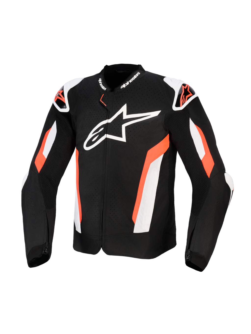 Giacca Alpinestars T-GP Air, giacca da moto in tessuto nero e rosso fluo, grande logo Alpinestars bianco sul petto, con pannelli in mesh traforati al laser per la ventilazione, slider esterni sulle spalle e design dal taglio sportivo per la guida protettiva su strada