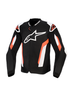 Giacca Alpinestars T-GP Air, giacca da moto in tessuto nero e rosso fluo, grande logo Alpinestars bianco sul petto, con pannelli in mesh traforati al laser per la ventilazione, slider esterni sulle spalle e design dal taglio sportivo per la guida protettiva su strada