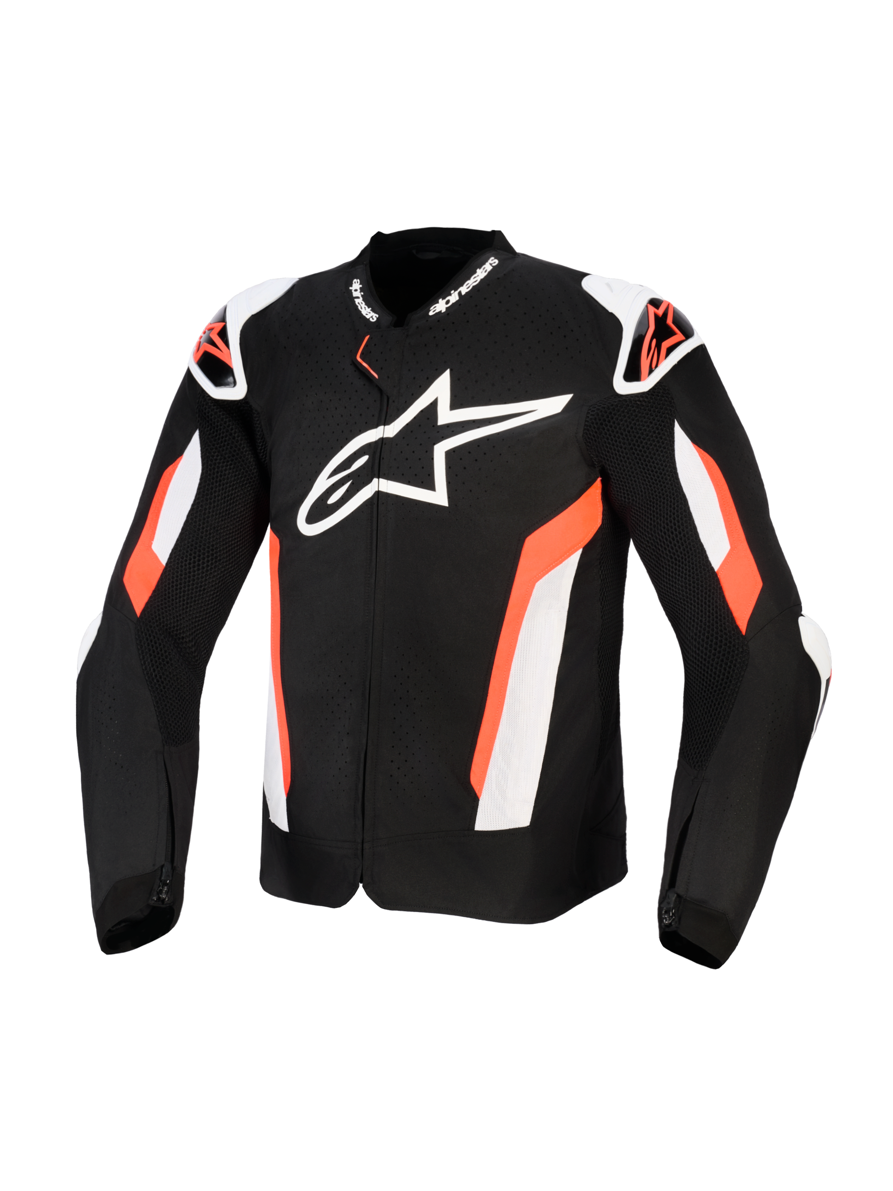 Giacca Alpinestars T-GP Air, giacca da moto in tessuto nero e rosso fluo, grande logo Alpinestars bianco sul petto, con pannelli in mesh traforati al laser per la ventilazione, slider esterni sulle spalle e design dal taglio sportivo per la guida protettiva su strada