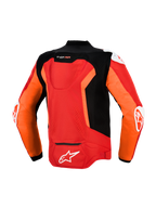Giacca Alpinestars T-GP Air, vista posteriore, rosso brillante, rosso fluo e nero, giacca da moto sportiva in tessuto con pannelli in mesh traforati al laser, gobba aerodinamica Supertech R10, slider esterni DFS su spalle e gomiti e marchio Alpinestars bianco sulla parte inferiore della schiena.