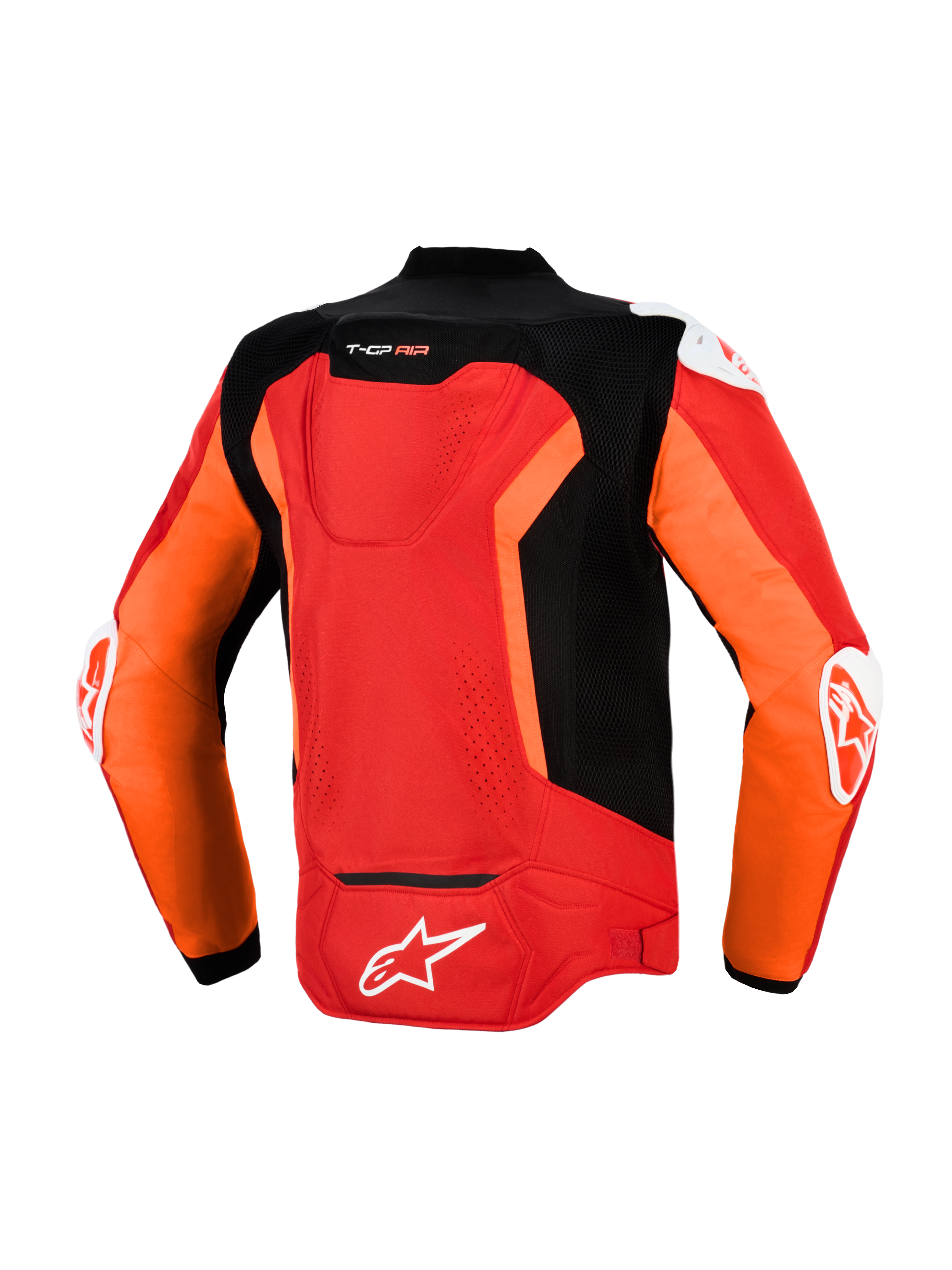 Giacca Alpinestars T-GP Air, vista posteriore, rosso brillante, rosso fluo e nero, giacca da moto sportiva in tessuto con pannelli in mesh traforati al laser, gobba aerodinamica Supertech R10, slider esterni DFS su spalle e gomiti e marchio Alpinestars bianco sulla parte inferiore della schiena.