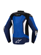 Giacca Alpinestars T-GP Air, vista posteriore, blu acceso, navy e bianco, giacca da moto sportiva in tessuto con gobba aerodinamica integrata, pannelli di ventilazione in mesh, accenti verticali bianchi e logo Astars bianco sulla parte inferiore, progettata per la guida ad alte prestazioni