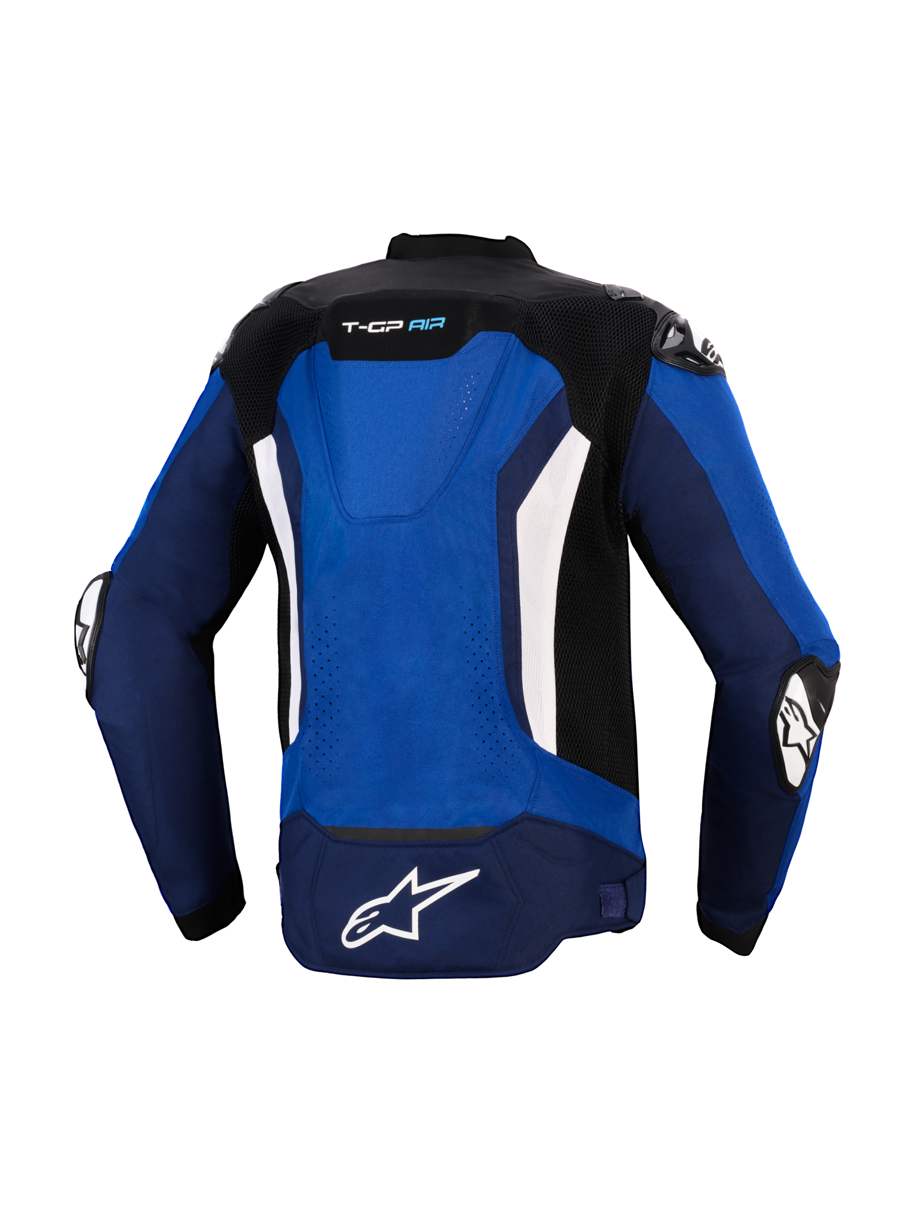 Giacca Alpinestars T-GP Air, vista posteriore, blu acceso, navy e bianco, giacca da moto sportiva in tessuto con gobba aerodinamica integrata, pannelli di ventilazione in mesh, accenti verticali bianchi e logo Astars bianco sulla parte inferiore, progettata per la guida ad alte prestazioni