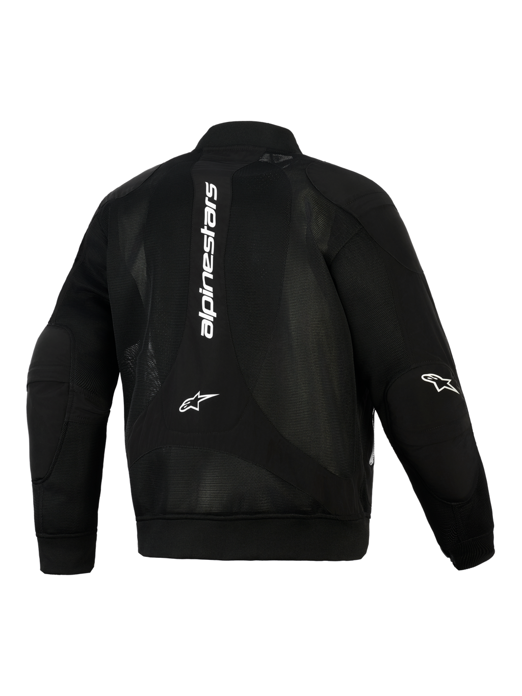 Giacca Alpinestars Flight Air, nera, vista posteriore, giacca da moto urbana in stile bomber con ampi pannelli in mesh 3D, marchio verticale bianco sulla schiena, loghi Astar sui gomiti, polsini e orlo in maglia a costine elasticizzata.