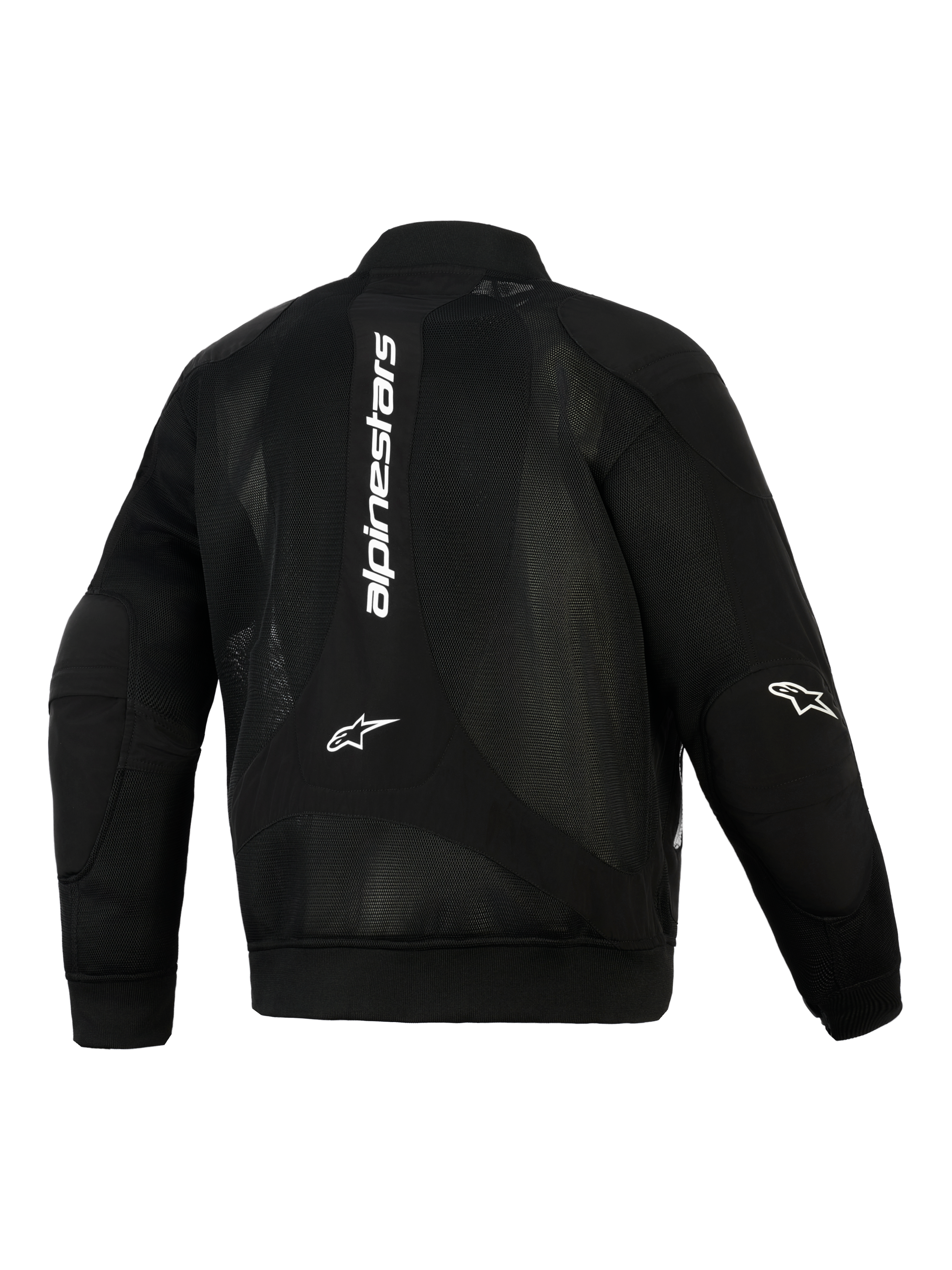 Giacca Alpinestars Flight Air, nera, vista posteriore, giacca da moto urbana in stile bomber con ampi pannelli in mesh 3D, marchio verticale bianco sulla schiena, loghi Astar sui gomiti, polsini e orlo in maglia a costine elasticizzata.