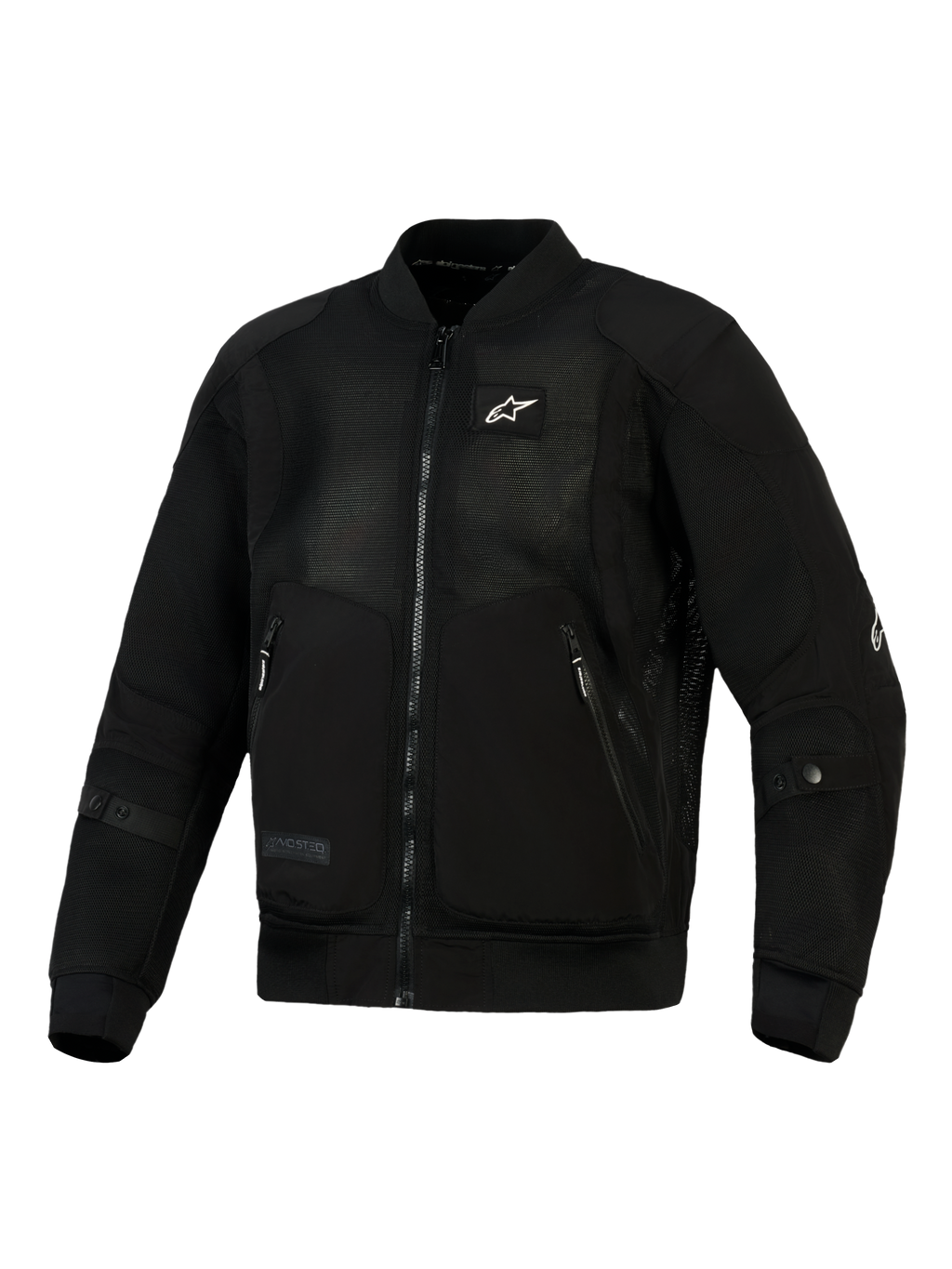 Giacca Alpinestars Flight Air in nero, giacca da moto in stile bomber urbano con pannelli in mesh 3D ad alta ventilazione, rinforzi in polyfabric, piccolo logo bianco sul petto e colletto e polsini a coste elasticizzate.