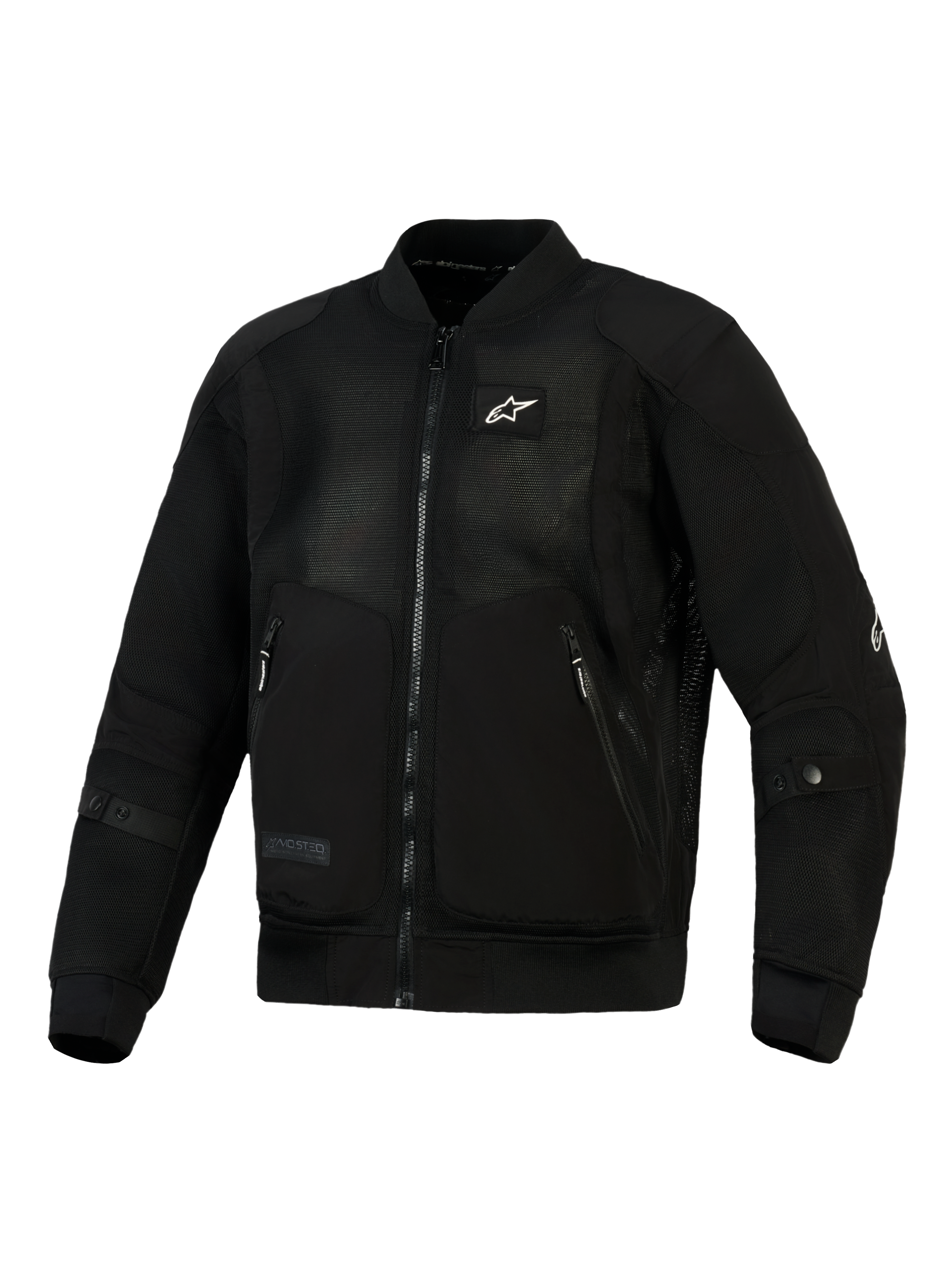 Giacca Alpinestars Flight Air in nero, giacca da moto in stile bomber urbano con pannelli in mesh 3D ad alta ventilazione, rinforzi in polyfabric, piccolo logo bianco sul petto e colletto e polsini a coste elasticizzate.