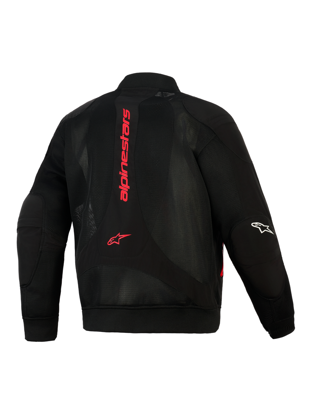 Giacca Alpinestars Flight Air, Nero e Rosso Brillante, vista posteriore che mostra la costruzione in mesh 3D, logo Alpinestars rosso verticale sulla schiena, silhouette stile bomber con vita e polsini a coste, logo bianco sulla manica